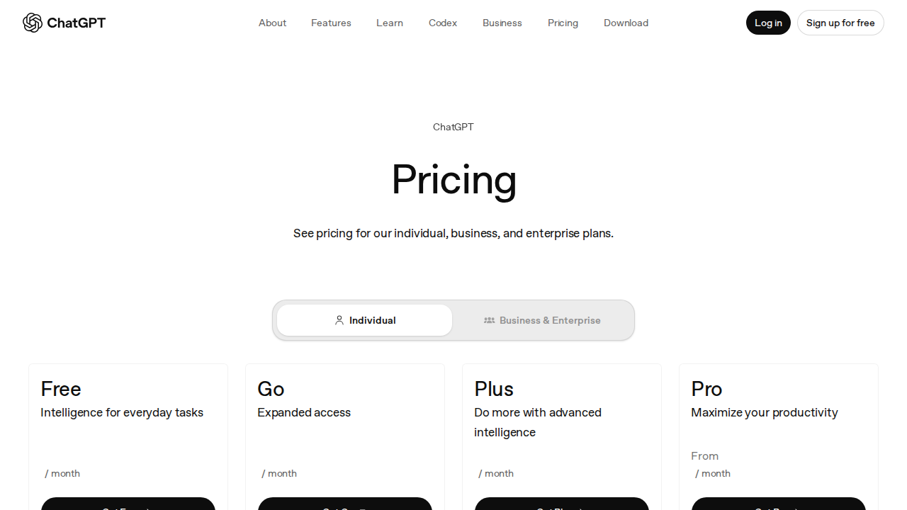 ChatGPT pricing page