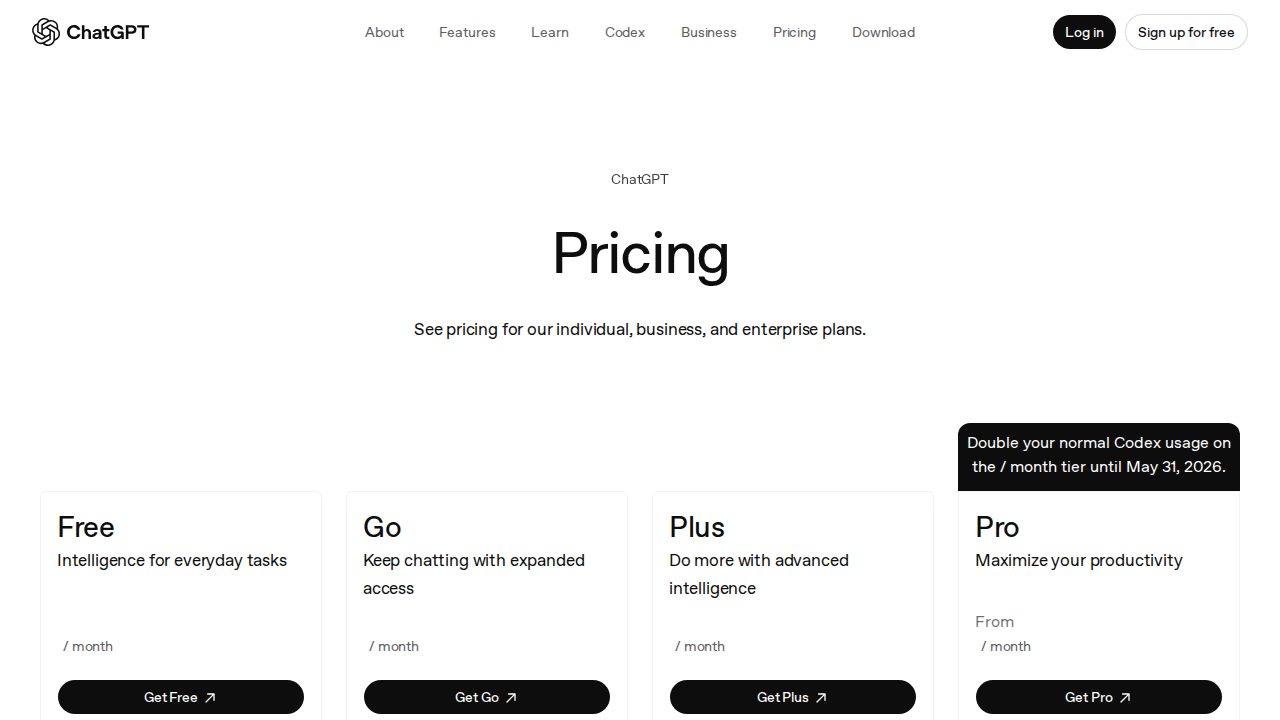 ChatGPT pricing page