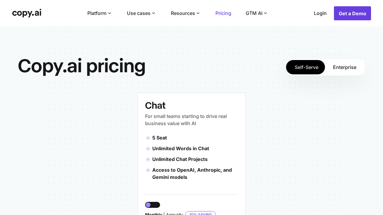 Copy.ai pricing page