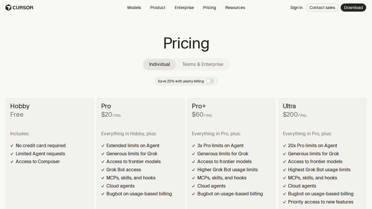 Cursor pricing page