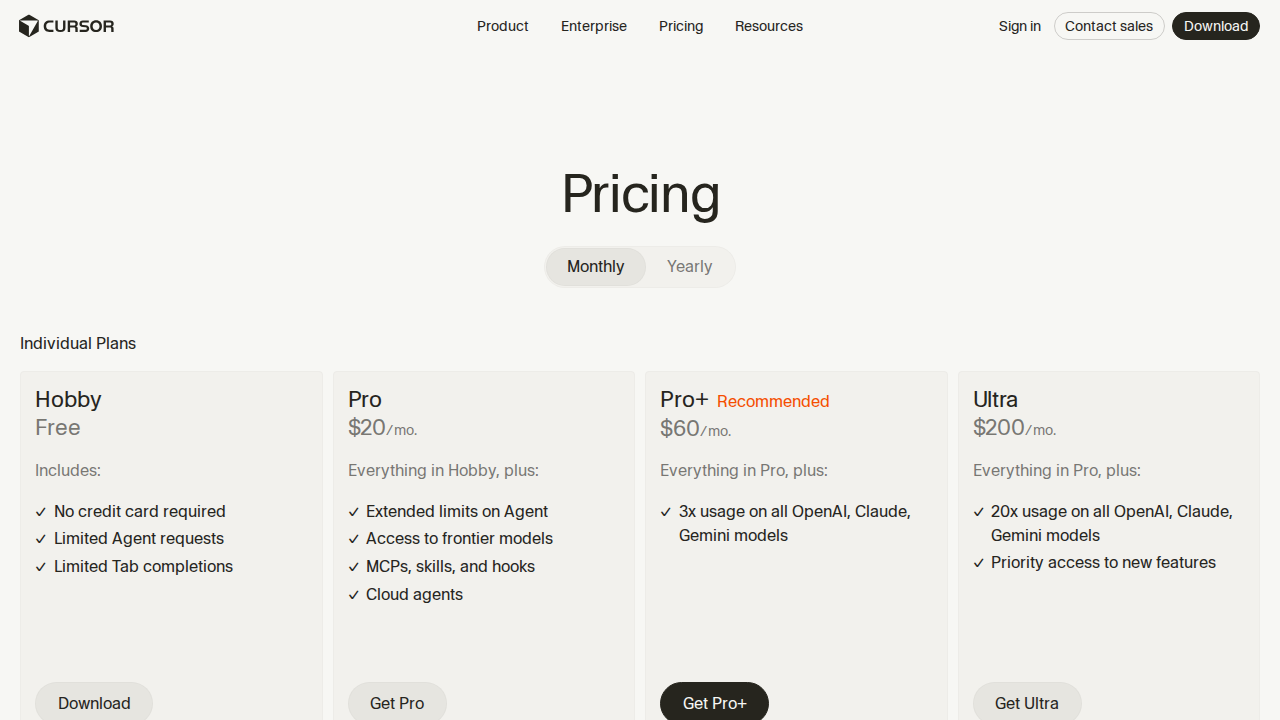 Cursor pricing page