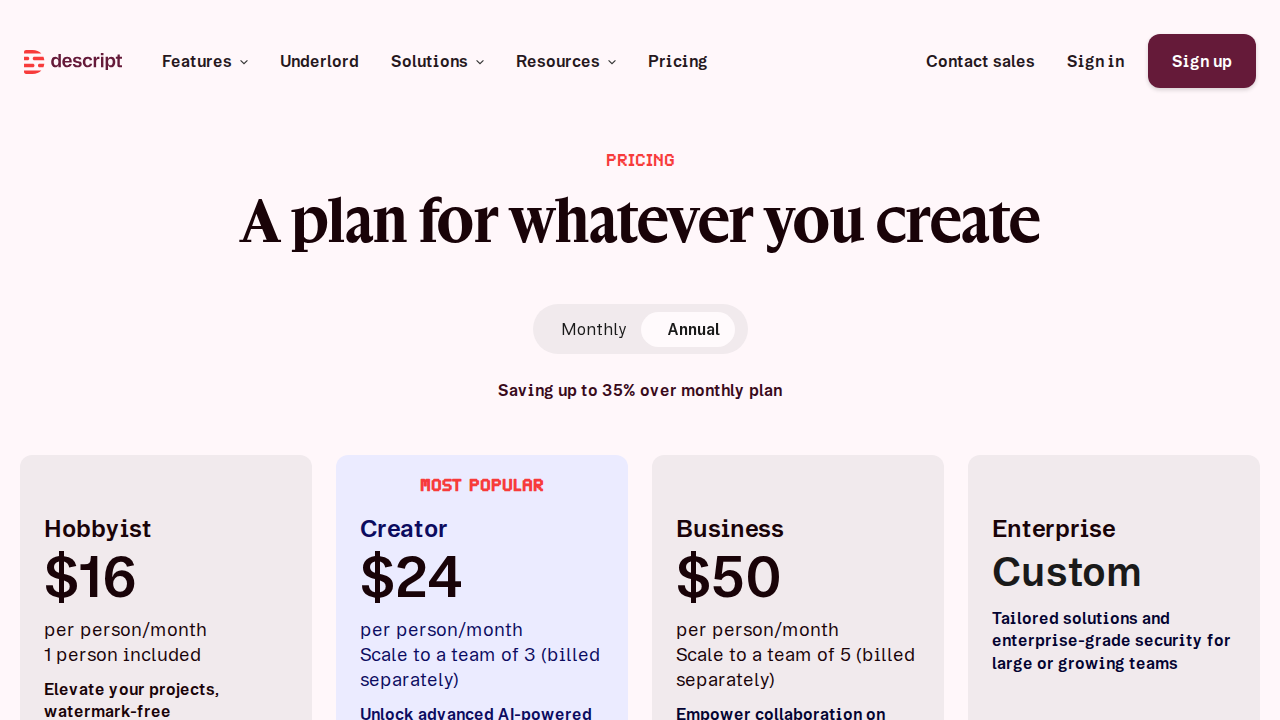 Descript pricing page