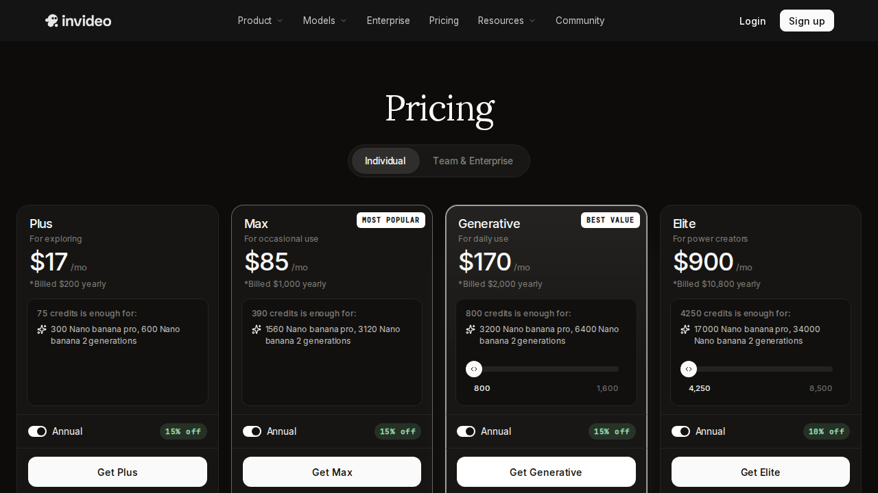 InVideo AI pricing page