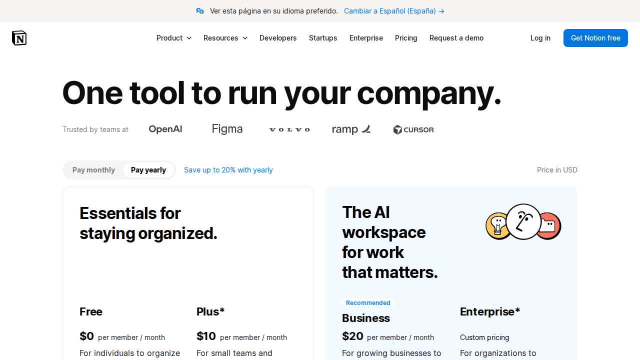 Notion AI pricing page