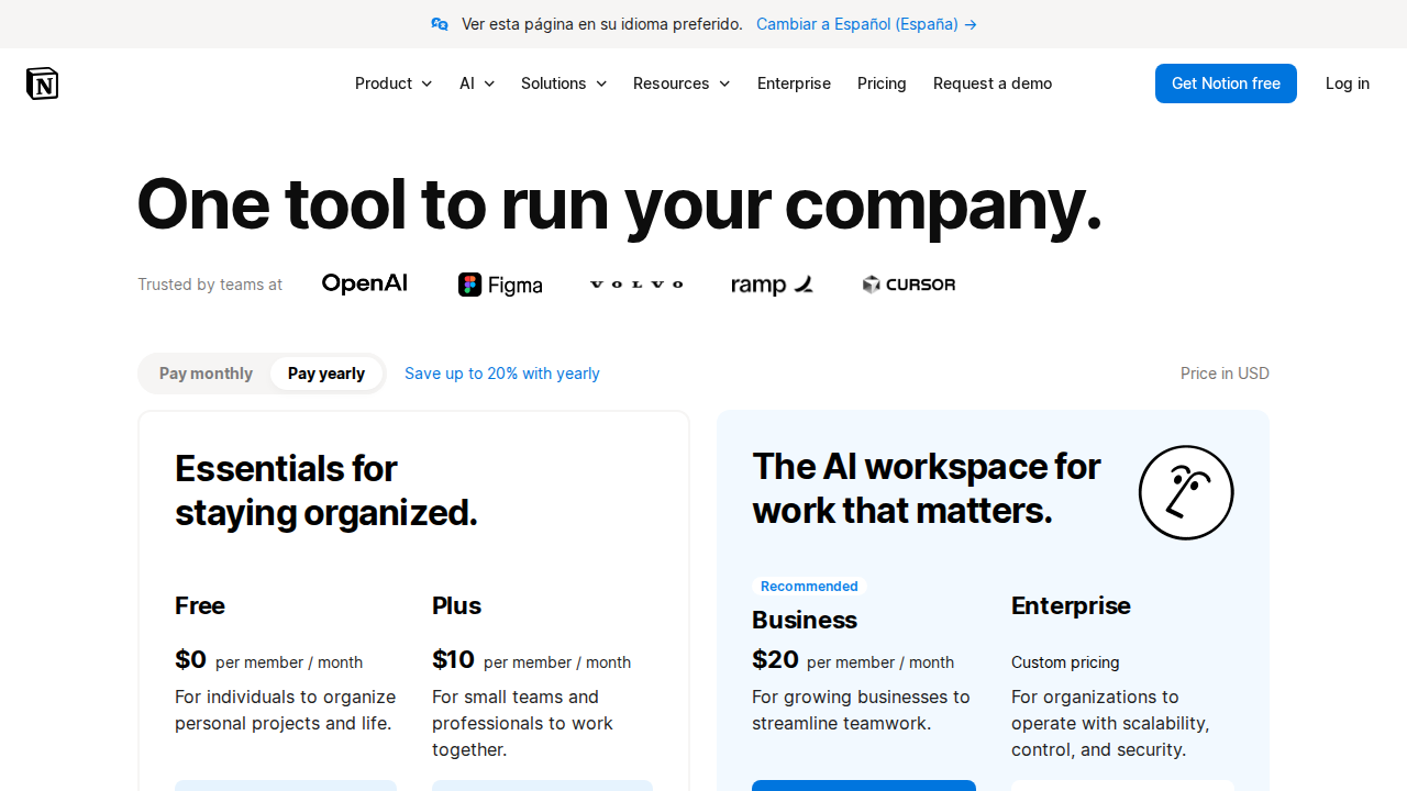Notion AI pricing page