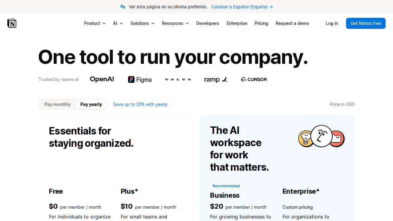 Notion AI pricing page