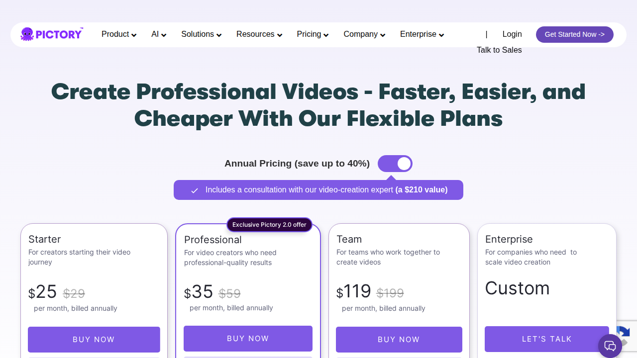 Pictory pricing page