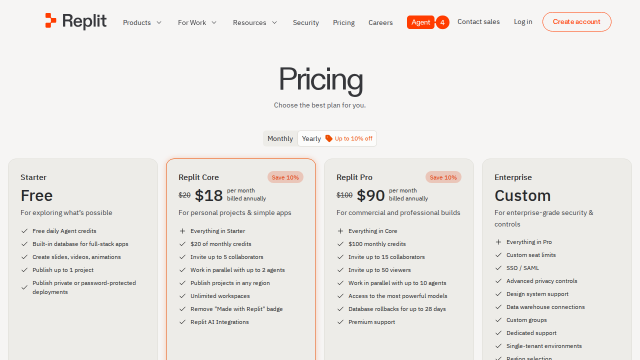 Replit AI pricing page