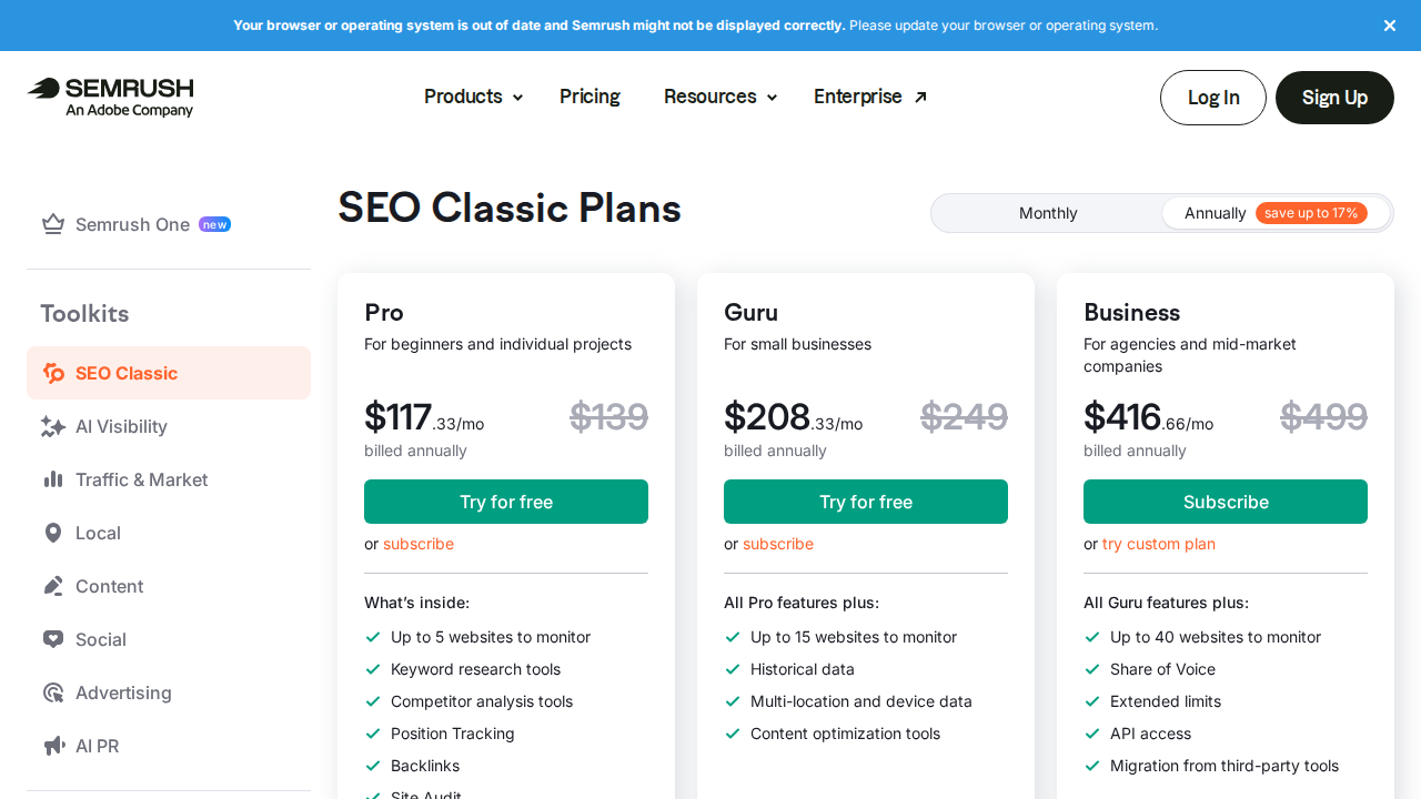 Semrush pricing page