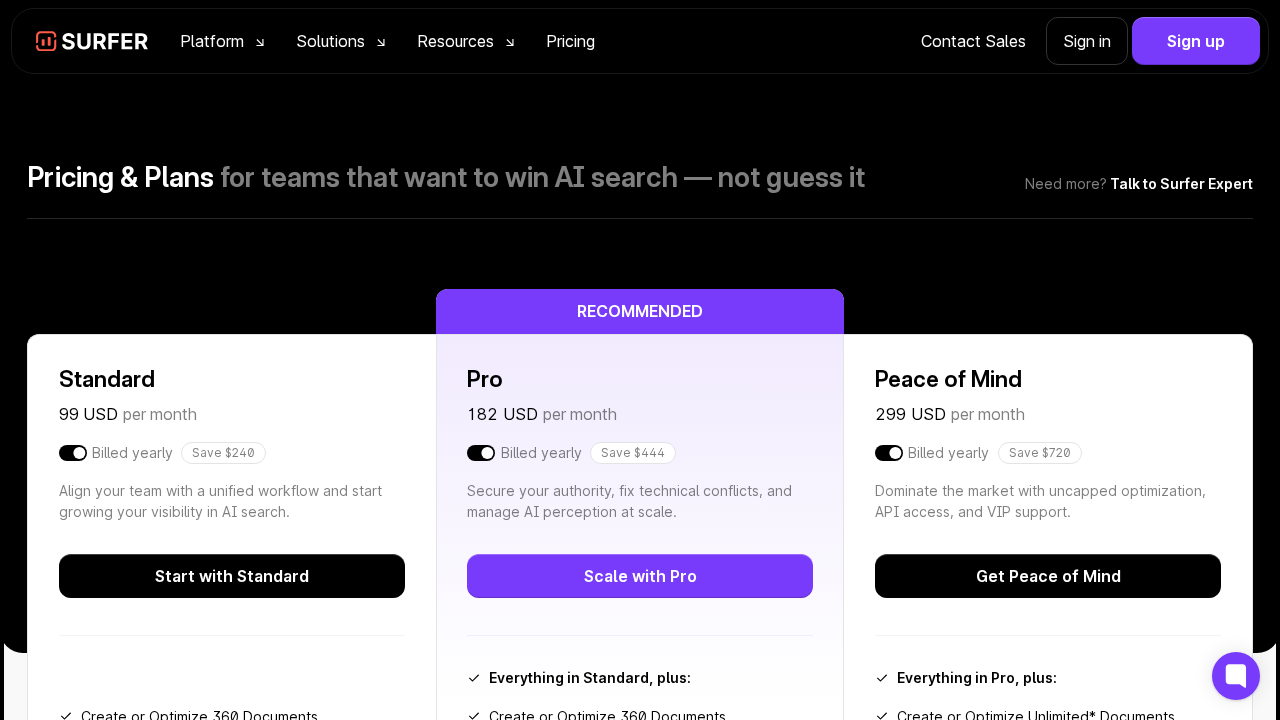Surfer SEO pricing page